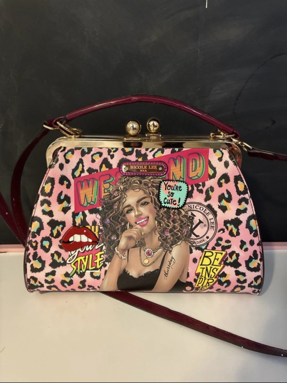 Nicole Lee Pink Leopard Graphic Frame Satchel with Burgundy Strap